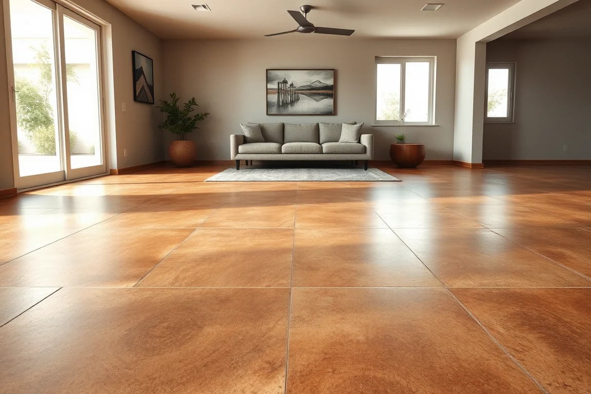 living room with a warm stained concrete floor